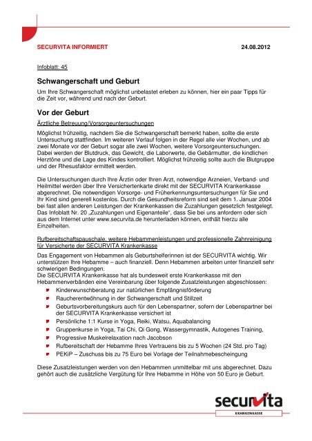 Schwangerschaft Und Geburt Vor Der Geburt Securvita
