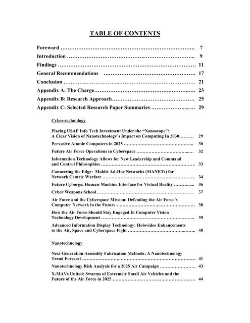 TABLE OF CONTENTS