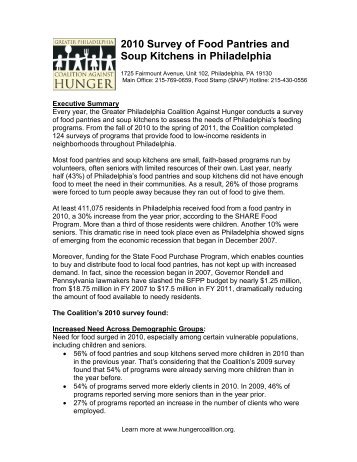 2010 Survey of Food Pantries and Soup Kitchens in Philadelphia