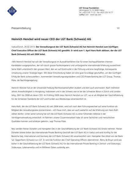 Pressemitteilung Heinrich Henckel wird neuer CEO der LGT Bank (Schweiz) AG