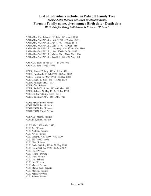 List of individuals included in Pahapill Family Tree Format: Family ...