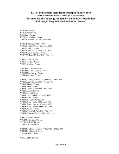List of individuals included in Pahapill Family Tree Format: Family ...