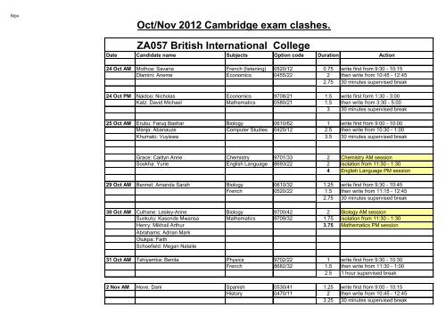 Oct/Nov 2012 Cambridge exam clashes ZA057 British International College