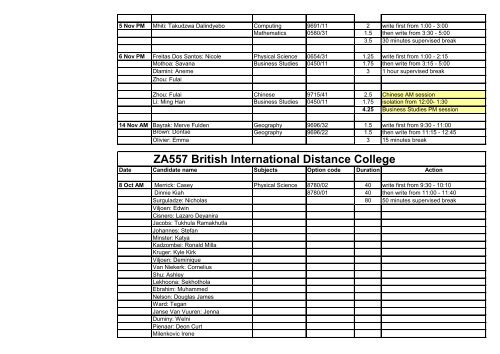 Oct/Nov 2012 Cambridge exam clashes ZA057 British International College