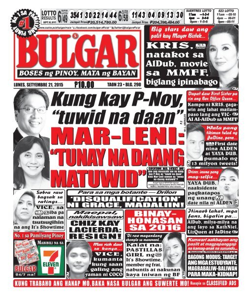 September 21, 2015 BULGAR: BOSES NG PINOY, MATA NG BAYAN
