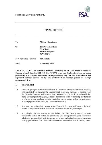 Financial Services Authority FINAL NOTICE