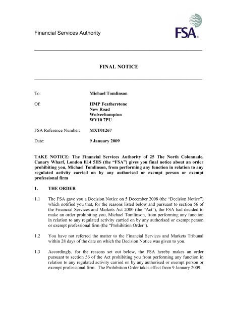 Financial Services Authority FINAL NOTICE