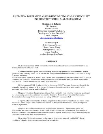 Radiation Tolerance Assessment of CIDAS MkX Criticality Incident ...