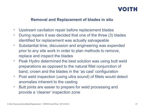 In Situ Francis Turbine Blade Replacement due to Gross Cavitation