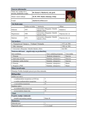 Osnovne informacije: Dr Zoran S. MarkoviÄ, red. prof ... - ww.tf.bor.ac.rs