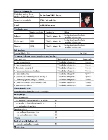 dr SneÅ¾ana M. MiliÄ, doc. - ww.tf.bor.ac.rs