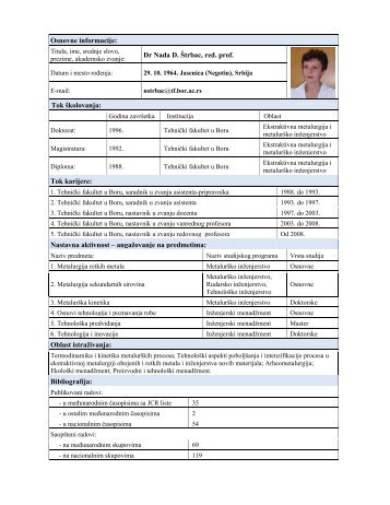 Osnovne informacije: Dr Nada D. Å trbac, red. prof ... - ww.tf.bor.ac.rs