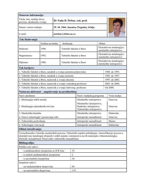 Osnovne informacije: Dr Nada D. Å trbac, red. prof ... - ww.tf.bor.ac.rs