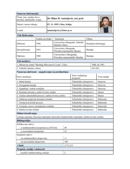 dr Milan M. AntonijeviÄ, red. prof. - ww.tf.bor.ac.rs