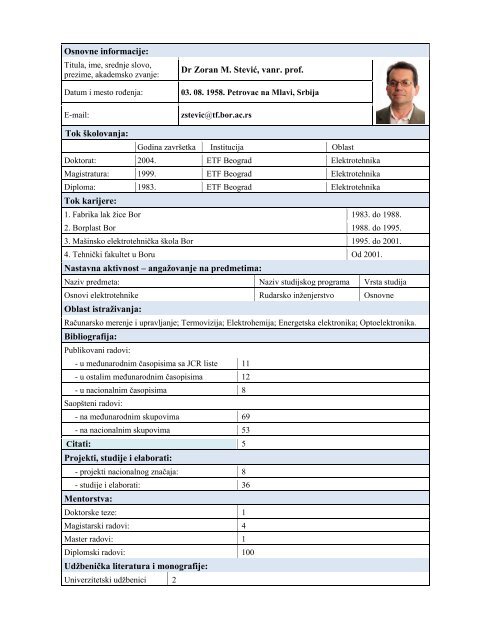 Osnovne informacije: Dr Zoran M. SteviÄ, vanr. prof ... - ww.tf.bor.ac.rs