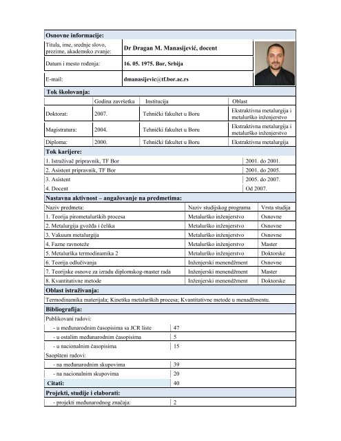 dr Dragan M. ManasijeviÄ, doc. - ww.tf.bor.ac.rs