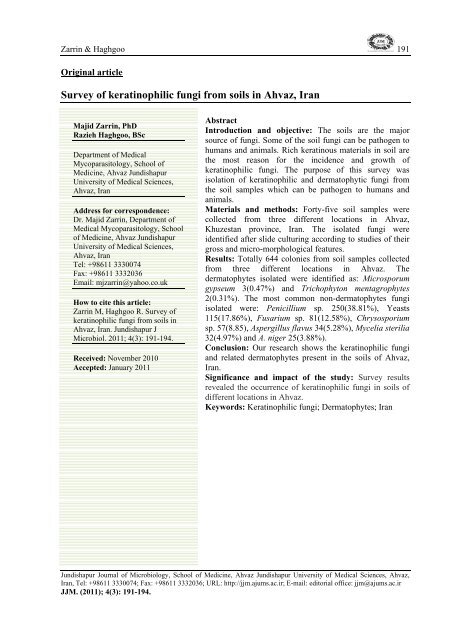 Survey of keratinophilic fungi from soils in Ahvaz Iran