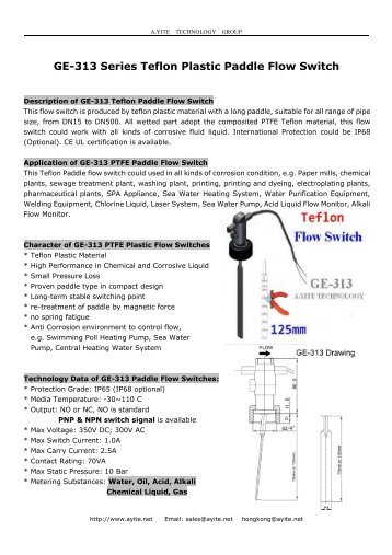 GE-313 Teflon PTFE Paddle Flow Switches