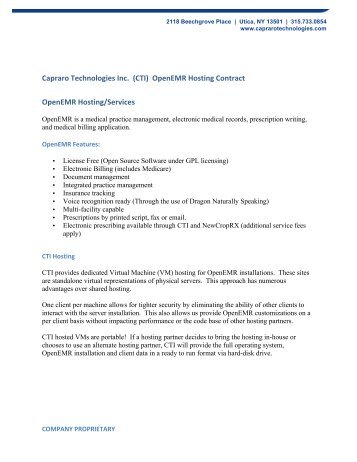 Capraro Technologies Inc (CTI) OpenEMR Hosting Contract OpenEMR Hosting/Services