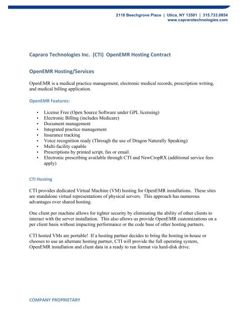 Capraro Technologies Inc Cti Openemr Hosting Contract Openemr Hosting Services