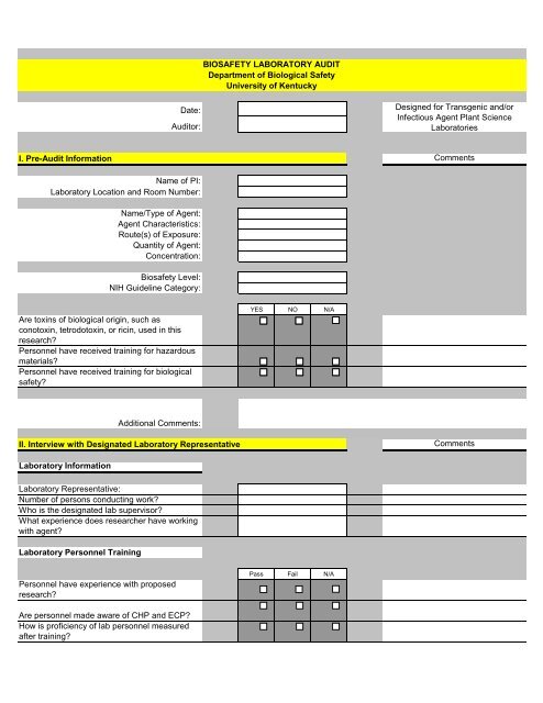 Biosafety Audit Checklist (Plant) - University of Kentucky