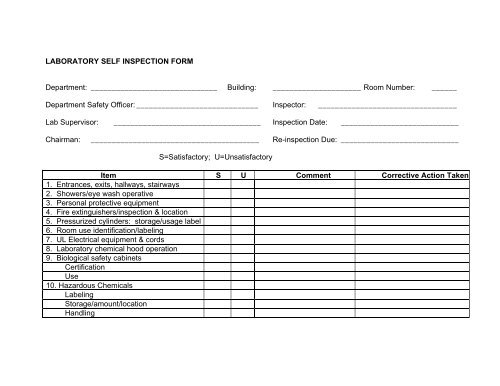 Laboratory Self Inspection Form - Environmental Health And Safety