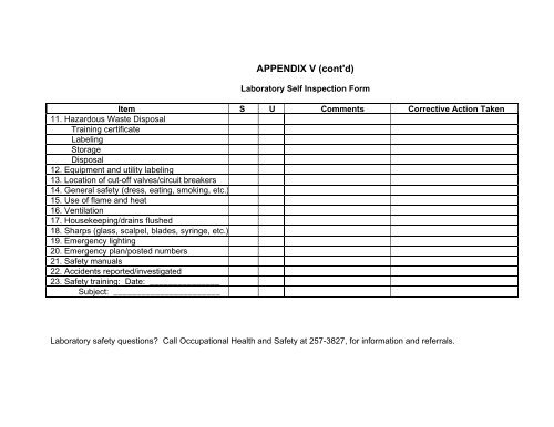 Laboratory Self Inspection Form - Environmental Health And Safety