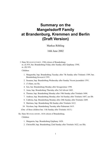 Summary on the Mangelsdorff Family at Brandenburg ... - User Pages