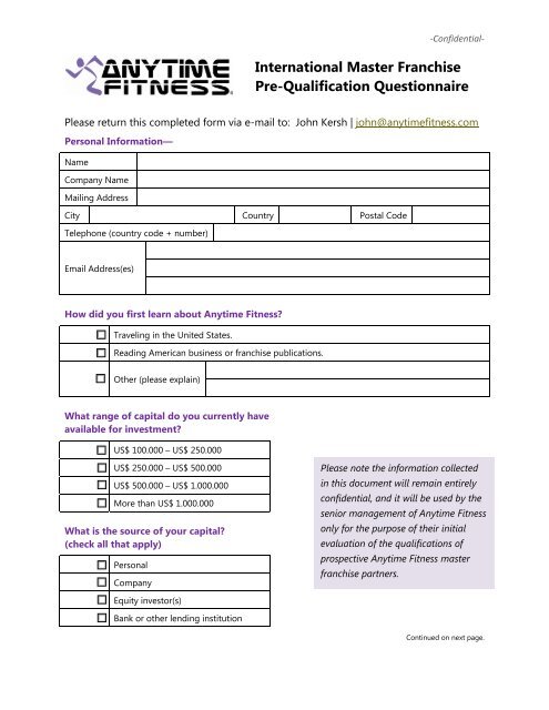 International Master Franchise Pre-Qualification Questionnaire
