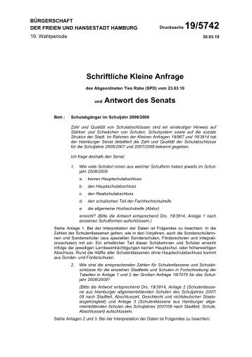 Schriftliche Kleine Anfrage und Antwort des Senats - Ties Rabe