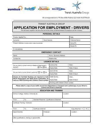 APPLICATION FOR EMPLOYMENT - DRIVERS