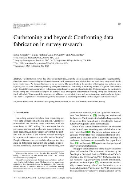 Curbstoning and beyond Confronting data fabrication in survey research