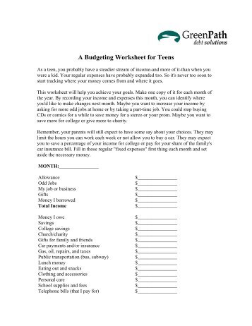 A Budgeting Worksheet for Teens