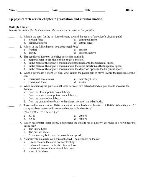 Cp physics web review chapter 7 gravitation and circular motion