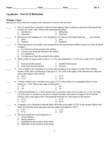 Cp physics - Test ch 15 Refraction