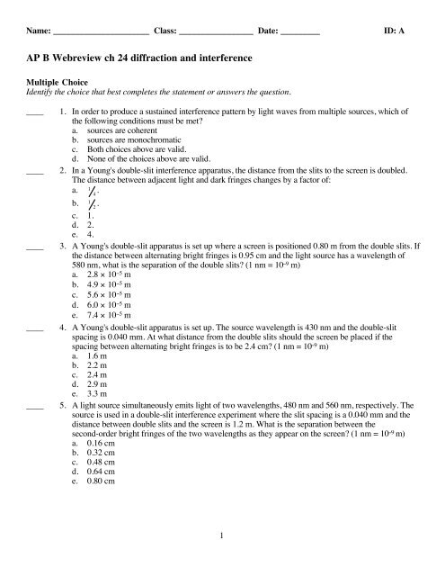 AP B Webreview ch 24 diffraction and interference