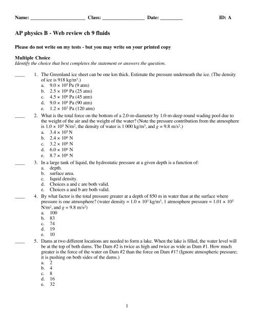 AP physics B - Web review ch 9 fluids