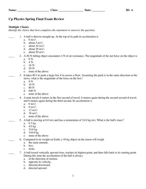 Cp Physics Spring Final Exam Review