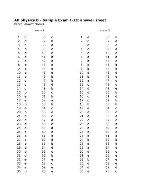 AP physics B - Sample Exam I-III answer sheet