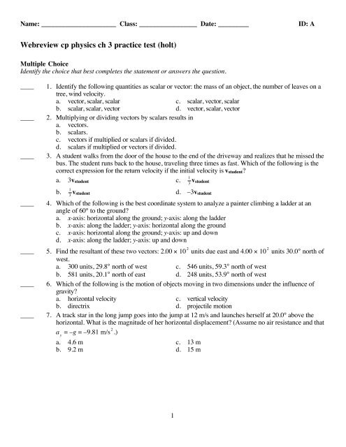 Webreview cp physics ch 3 practice test (holt)