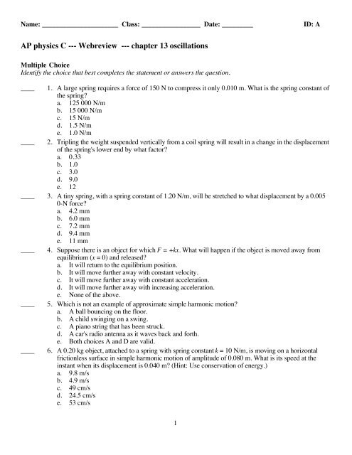 AP physics C --- Webreview --- chapter 13 oscillations