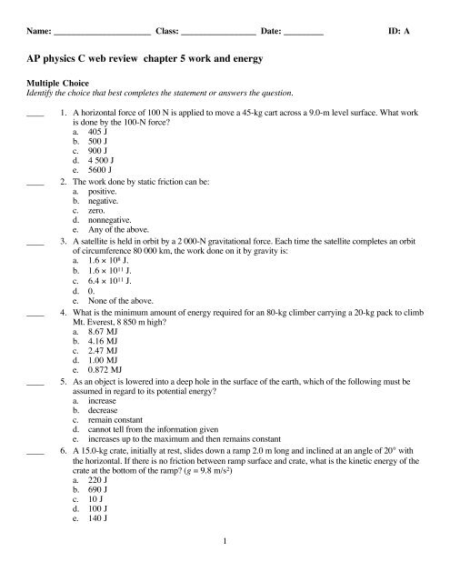 AP physics C web review chapter 5 work and energy