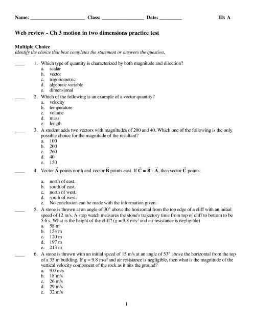 Web review - Ch 3 motion in two dimensions practice test