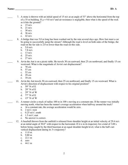 Web review - Ch 3 motion in two dimensions practice test