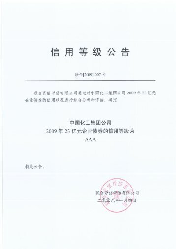 中国化工集团公司2009年度23亿元企业债券信用评级分析报告