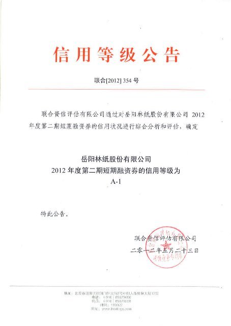 岳阳林纸股份有限公司2012年度第二期短期融资券信用评级报告