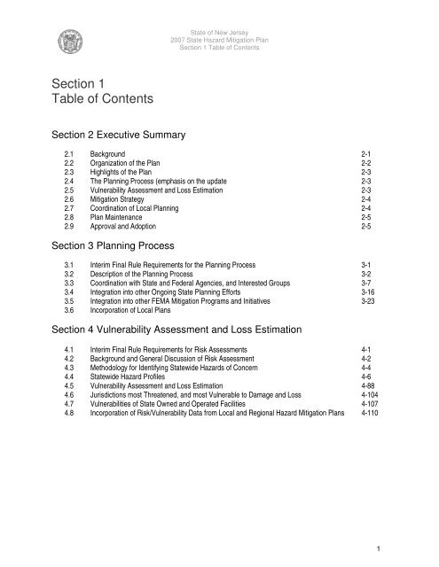 Section 1 Table of Contents