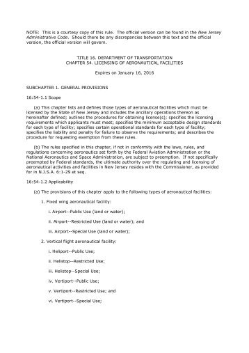 NJAC 16-54 Licensing of Aeronautical Facilities - State of New Jersey