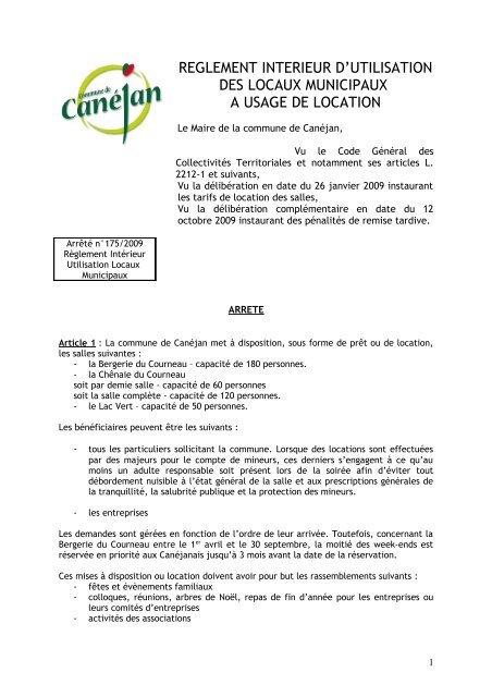 REGLEMENT INTERIEUR D’UTILISATION DES LOCAUX MUNICIPAUX A USAGE DE LOCATION