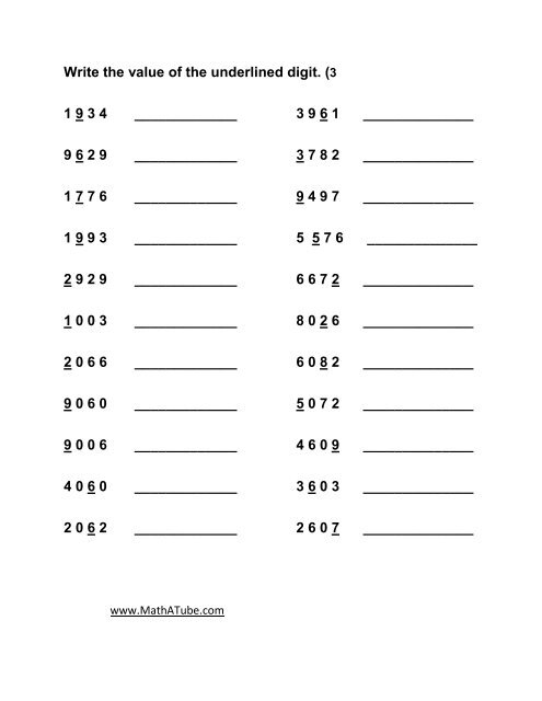 Write the value of the underlined digit 3 1 9 3 4 math a tube